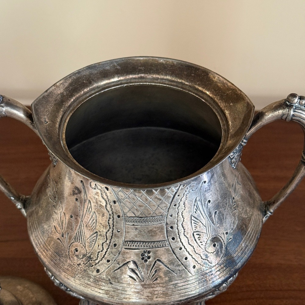 Antique H Schade New York Triple Plate Silver Footed Sugar Bowl Etched 103 - Picture 6 of 8